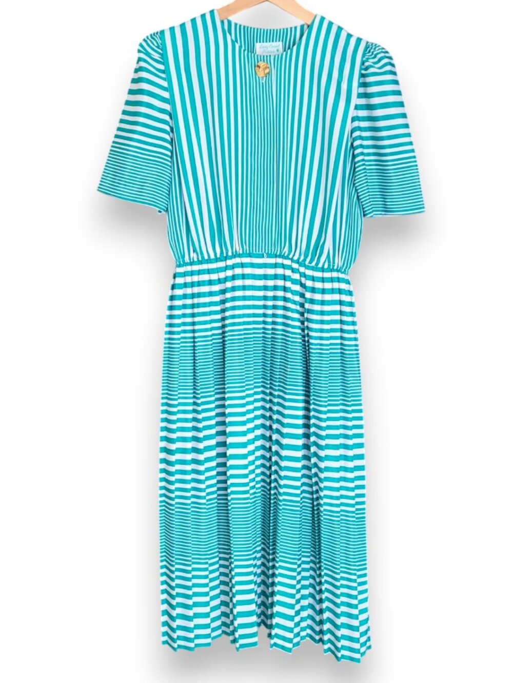 Lady Carol Petites Women's Teal & White Stripe Midi Dress 80s Retro Size 10